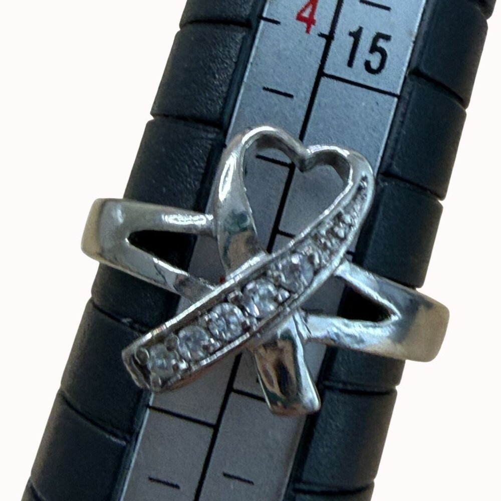 Sterling Silver Heart Ribbon‎ Ring With Clear Stones Size 5  Dainty 925